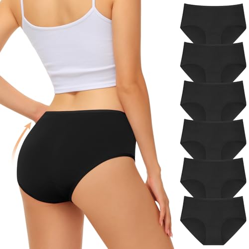 FALARY Unterhosen Damen Schwarz Baumwolle Mittlere Taille Hipster Slip Stretch Schlüpfer Panties Unterwäsche für Frauen 6er Pack Bequeme und Weiche（L/42 EU, Schwarz）