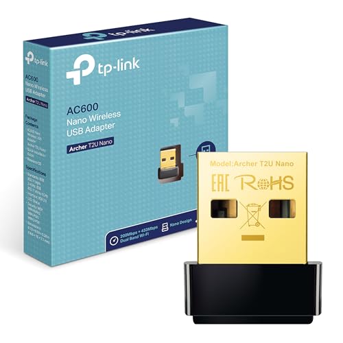 TP-Link Archer T2U Nano AC600 USB WLAN Stick Adapter(433MBit/s 5GHz, 200MBit/s 2,4GHz, WPA und WPA2-Verschlüsselungs-Standard, Windows 11/10/8.1/8/7/XP, Mac OS 10.15 und früher) schwarz/Gold
