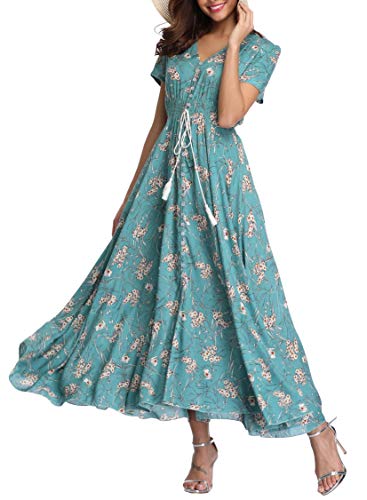 VOGMATE Boho Kleid Damen Lange V-Ausschnitt Kurzarm Blumen Maxikleider Damen Sommer Strandkleid Sommerkleid Herbstkleid Partykleid Blumenkleid Elegant mit Schlitz