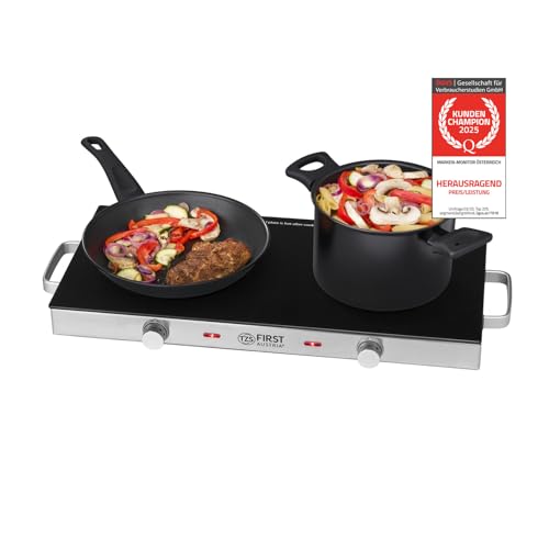 TZS First Austria - Kochplatte Infrarot 2er Glaskeramik-Herdplatte ALLE Topfarten 2800W - Doppelkochplatte Kochfeld elektrisch für Umzug, Camping & Wohnung - Stufenlose Einstellung & Kontrollleuchte