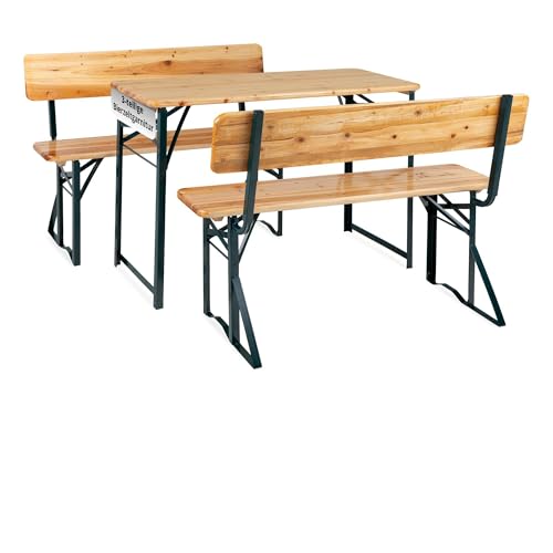 Stagecaptain BBDL-119 NT Hirschgarten Bierzeltgarnitur mit Lehne für Balkon - 119 cm Länge - Klappbare Festzeltgarnitur 1x Tisch, 2X Bank - Holz Sitzgarnitur - Innen & Außenbereich - Natur