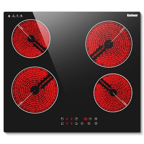 Karinear Glaskeramikkochfeld 4 Platten 6000W, Kochfeld Autark 60 cm, Glaskeramikkochfeld Touch-Steuerung, Herdplatte 4 Kochfelder mit Timer, Sicherheitsverriegelung, 240V, Kein Stecker