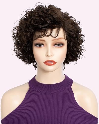 FASHION IDOL Pixie Curly Naturbraune Echthaarperücke C-Typ Lace Wear and Go Kurze lockige Bob Perücke für Frauen 8 Zoll