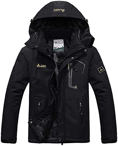 Memoryee Herren Ski Jacke Warmer Gefüttert Winter Fleece Mantel Wasserdichter mit Abnehmbarer Kapuze Outdoorjacke/Black/L