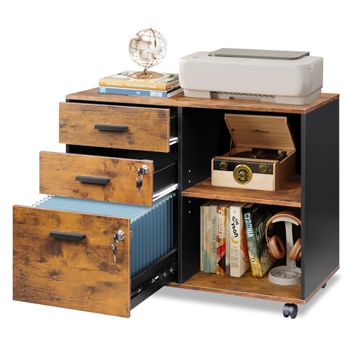 DEVAISE Rollcontainer mit 3 Schubladen und offenen Ablagen, Mobiler Aktenschrank mit Rollen, Druckertisch für DIN A4/Legal/Letter, Abschließbarer Schrank für Büro und Home Office, Retro Braun