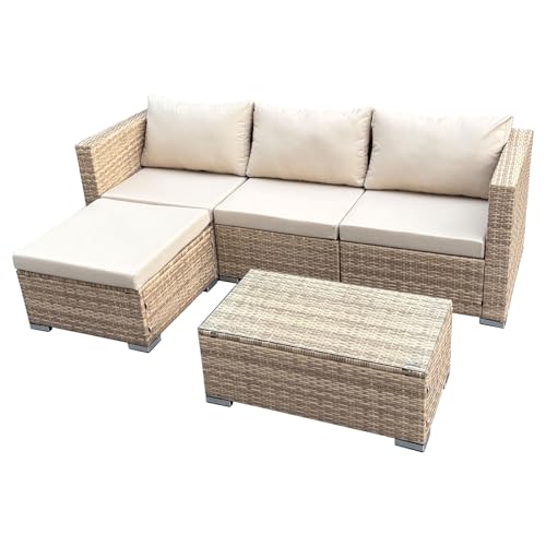 SVITA Queens Gartenlounge 5-teilig Polyrattan Lounge Set wetterfest Garten Terrasse Balkon inkl. Kissen Glas Tisch Beige