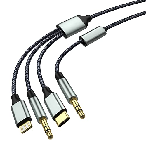 Apitiong Aux-Kabel für Telefon 11, USB-C-zu-Aux, 3,5-mm-Nylon-Aux-Kabel, Klinkenkabel (3-in-1-Aux) für Kopfhörer, Telefon, Pad, Pod, Smartphone, Autoradio, MP3, Kompatibel mit Lightning