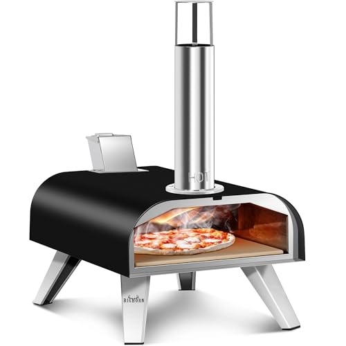 BIG HORN OUTDOORS Pizzaöfen Outdoor Holzpellet Pizzaofen Holzbefeuert Pizzabereiter mit Tragetasche Tragbarer Edelstahl Pizzagrill Schwarz