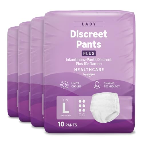 Healthcare by Amazon Discreet Damen Inkontinenz Pants, Plus-Saugstärke, L, 40 Stück (4 Packungen à 10 Stück), Weiß, (zuvor Amazon Basic Care) - Verpackung kann abweichen