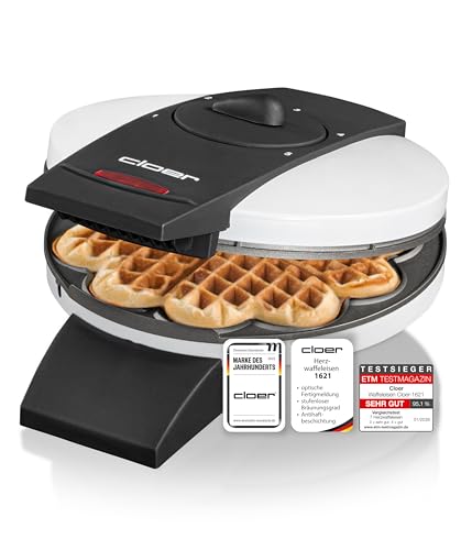 Cloer 1621 Waffeleisen für klassische Herzwaffeln, 930 W, Waffelgröße 15,5 cm, stufenlos wählbarer Bräunungsgrad, weiß, Metall