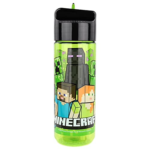 Minecraft Kinderflasche 480 ml – BPA-frei & phthalatfrei, robuste Wasserflasche aus Kunststoff mit integriertem Strohhalm zum Hochklappen, leicht, auslaufsicher & ideal für Schule und Sport