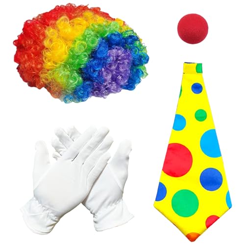 GWAWG Clown Costume Accessory, Curly Wig + Clown Nose + Colourful Tie + Gloves, Halloween Carnival Costumes for Women Men