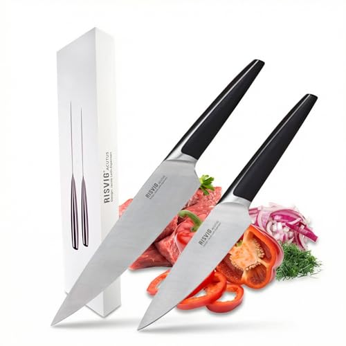 RISVIG 2-teiliges Kochmesser Set 20 cm & 13,5 cm – Profi Chef Messer Set aus europäischem Edelstahl – Spezielles Design für volle Klingennutzung & optimale Ergonomie – Extrem scharf