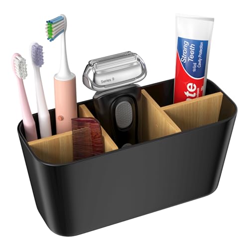 Noxtioanip Toothbrush Holder, Zahnbürstenhalter mit Bambus Trennwände, 5 Fächer Multifunktional Elektrische Zahnbürste Halterung, Bad Accessoires, für Büro, Wohnzimmer, Eitelkeit Countertop (Schwarz)