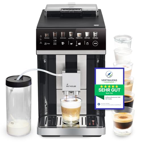 KKT KOLBE Kaffeevollautomat ONE schwarz silber | Milchbehälter, Milchschaumdüse, Zubehör, 2-Tassen-Funktion, 15 Bar, 7-stufiges Mahlwerk, Touchscreen, automatische Reinigung
