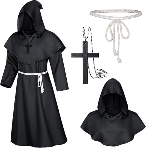 Robe Mönch Kostüm Herren mit Kapuze und Kreuz,Mönch Priester Kostüm Gewand,Mittelalter Renaissance Robe,Herren Cosplay Mönchskostüm,Halloween Kostüm Herren für Mottoparty,Halloween (Schwarz, XL)