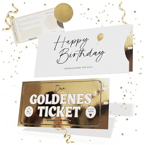 Creatastic Goldenes Ticket Geburtstagskarte Set – Gutschein Karte Geburtstag zum Selbstausfüllen mit Schuber & Rubbelaufkleber, personalisierte Geschenke Gutschein zum selber ausfüllen