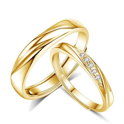 Josfeva Damen & Herren Paar Ringe Partnerringe 925 Sterling Silber Offen Gold Verstellbare Versprechen Verlobungsring Hochzeitsring Band Ring mit Weiß Zirkonia Geschenk für Frau Mann Freundin Freund
