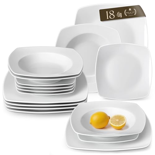 MALACASA, Serie Julia, Teller Set 6 Personen Modern, KLEIN Tafelservice 18 Teilig, Porzellan Geschirrset mit je 6 Speiseteller, 6 Dessertteller, 6 Suppenteller, Grauweiß