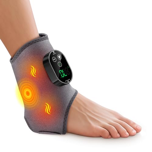Beheizbare Knöchelbandage, kabelloses Fußmassagegerät mit 6 Heizstufen, 3 Vibrationsstufen, 3 Timer-Optionen, wiederaufladbares Heizkissen für Fuß, Knöchelbandage für linken und rechten Fuß, Grau