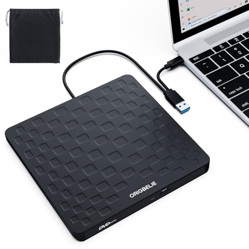 ORIGBELIE Externes DVD Laufwerk, USB 3.0 Typ-C Ultra Slim 13 mm Externer DVD Brenner Tragbares CD-DVD +/-RW Drive, Externes CD Laufwerk für Laptop PC Windows 11/10/8/7 Linux Mac OS (Schwarz)