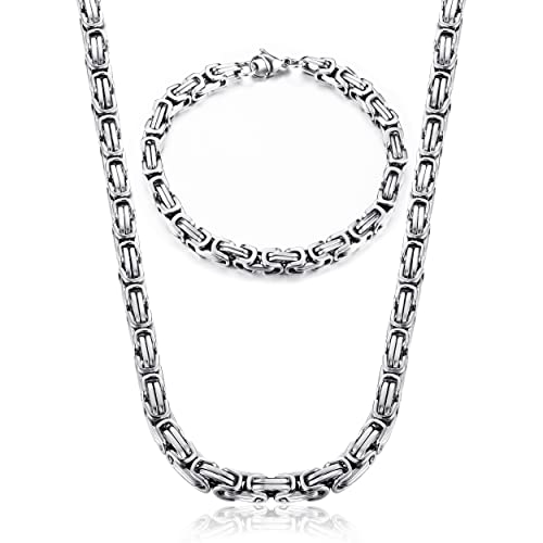 YAODCA Königskette Silber Herren Edelstahl 6mm Breite Halskette und Armband Set Dicke Schwere Königskette Armband Punk Kette für Herren Männer
