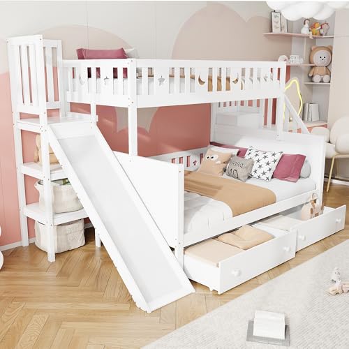 Mrwoo Kinderbett 140x200 cm, Etagenbett mit Rutsche, Stauraumbett mit 2 Schubladen und Offenem Stauraum, Rausfallschutz Geländer, MDF+Kiefernholzl+Sperrholz (Ohne Matratze) (Weiß - A - Schubladen)