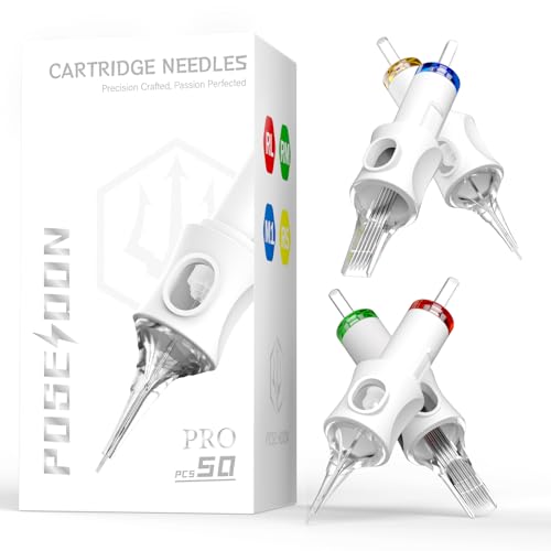 POSEIDON Professionelle Tattoo-Cartridge-Nadeln 50er-Pack | 10 Größen (Round Liner Shader Magnum) | 3RL/5RL/7RL/9RL/9RM/11RM/15RM/7M1(#10), 5RS/9RS(#12) | Einwegnadeln mit Tintenmembran | Universelle