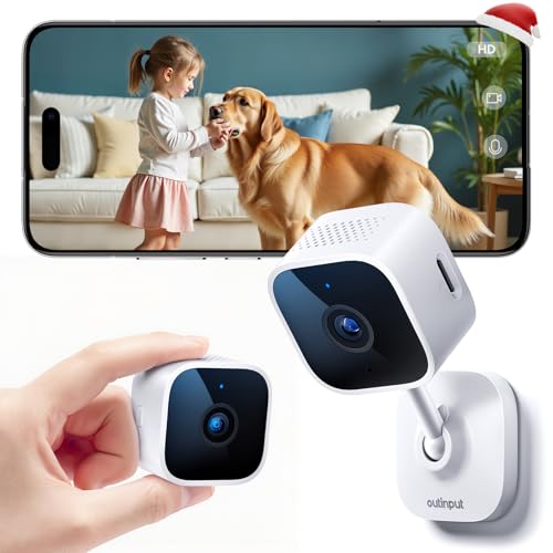 Outinput 2K Plug-in Mini Überwachungskamera Innen, WLAN Indoor Kamera mit IR-Nachtsicht, Hundekamera mit App, Bewegung&Geräusch-Erkennung, 2-Wege-Audio, Sirene, SD&Cloud-Speicher, für Baby&Haustiere