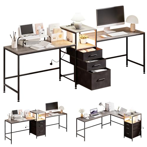 Yorbay Doppelter Bürotisch Schreibtisch mit Steckdosen: Computertisch L Form mit Stoff Schubladen Druckerregal - LED Gaming Tisch Eckschreibtisch für Büro Arbeitszimmer Wohnzimmer