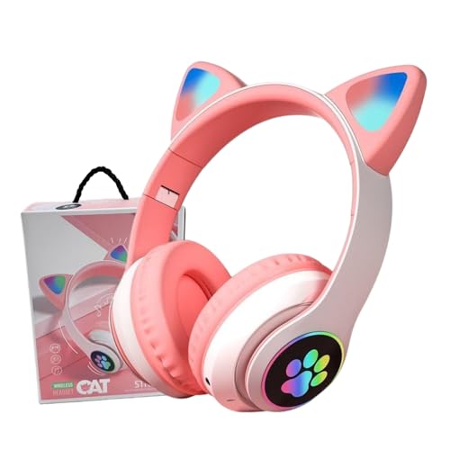 YUSONIC Kabellose Katzenohren Kopfhörer, Bluetooth Over-Ear Kinderkopfhörer mit LED RGB Beleuchtung, Katzenohren, Mikrofon. (Weiß)