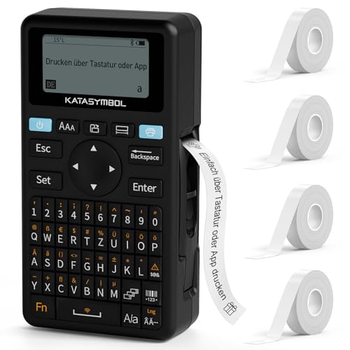 SUPVAN E11 Etikettendrucker mit 4 Rollen Endlos-Etiketten selbstklebend, Deutsches Layout (QWERTZ) Tastatur & Bluetooth (iOS/Android), Geeignet für Schule, Büro & Zuhause, schwarz
