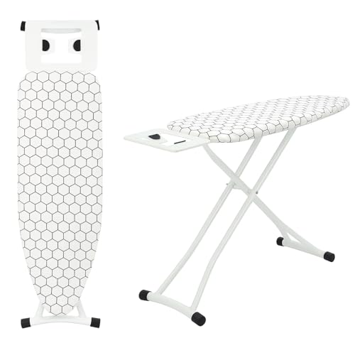 GREENSAPPIRE Bügelbrett 110 x 32 cm, höhenverstellbar (66–77 cm), klappbares Bügelbrett mit 6 Höhenstufen, leichtes Bügelbrett mit Baumwollbezug, rutschfesten Füßen (Weiß mit quadratischen Streifen)