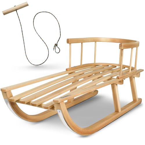 Kinderschlitten 90 cm mit Rückenlehne - Holzschlitten aus massivem Buchenholz - Rodelschlitten Schneeschlitten Davoser mit Leine & Griff - robuste Kufen mit Leichtlauf-Stahlkufenbeschlägen