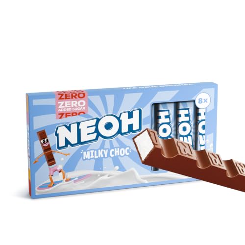 NEOH Milky Choc Riegel, Milchschokoladenriegel ohne Zuckerzusatz mit cremiger Milchfüllung, ballaststoffreicher Snack, 56 kcal pro Riegel, für Low-Carb-Ernährung geeignet, vegetarisch, 8er-Pack