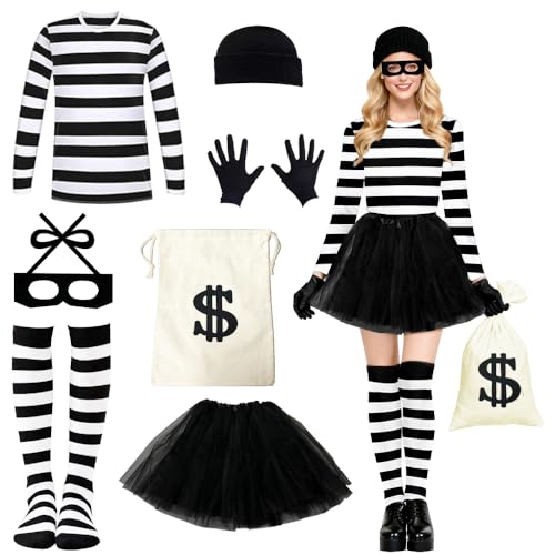 HuaMuDM Dieb Kostüm,Räuber Kostüm Damen,Erwachsene Räuber Kleidung Set,mit Strickmütze, Maske, Handschuhe,Röcke,Geldbeutel,Kniestrümpfe,T-Shirt für Karneval Halloween Cosplay(XL)