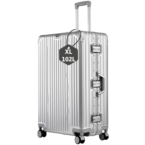 Inm's Koffer Aluminium 100% XL Groß Hartschalenkoffer Handgepäck Reisekoffer Koffer&Trolleys Gepäck mit 4 Rollen & TSA-Schloss Silber