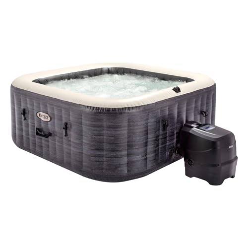 INTEX PureSpa Greywood Deluxe In- & Outdoor Whirlpool aufblasbar für 4 Personen 795 L (145 x 71cm) Inkl. Wasserenthärtungs- & Salzwassersystem - 140 Massagedüsen - Heizsystem - APP Steuerung & LED