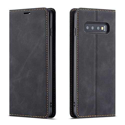 QLTYPRI Hülle für Samsung Galaxy S10 Plus, Premium Dünne Ledertasche Handyhülle mit Kartenfach Ständer Flip Schutzhülle Kompatibel mit Samsung Galaxy S10 Plus - Schwarz