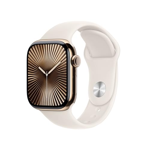 Apple Watch Series 10 (GPS + Cellular 42 mm) Smartwatch mit Titangehäuse in Gold und Sportarmband in Polarstern (M/L). Fitnesstracker, EKG App, Always-On Retina Display, Wasserschutz