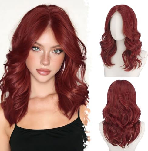 BARSDAR Kurze Gewellte Kupfer Rote Perücke, Schulter Lange Kupfer Perücken für Frauen Kurze Lockere Wellen Layererd Perücke mit Face-Framing Curtain Pony Weiche Synthetik Natürlich Aussehend Party
