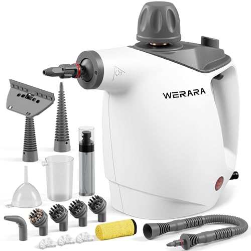 Werara Dampfreiniger Handgerät, 1050W Handdampfreiniger 500ML Kapazität mit 16-teiligem Zubehör Set, 100% Chemiefrei Steam Cleaner für Haushalt, Bad, Fliesen, Fett, Schmutz & Auto Detailing(Weiß)