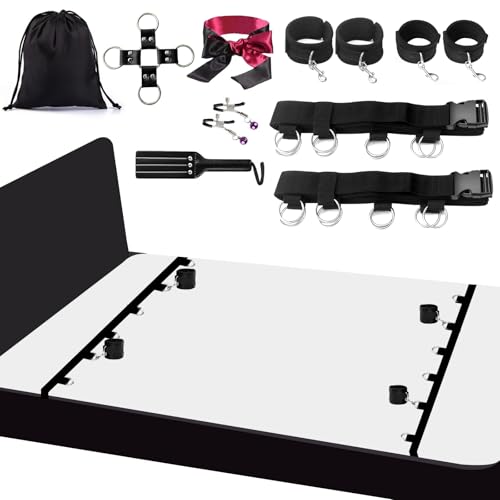Bondage Set Bett Fesseln Sex Spielzeug für Sexspiele stabiles Fetisch BDSM Fesselset Bettfesseln mit Handschellen Fußfesseln Augenbinde Nippelklemmen Kreuzschnalle Paddel Sexspielzeug für Paare Extrem