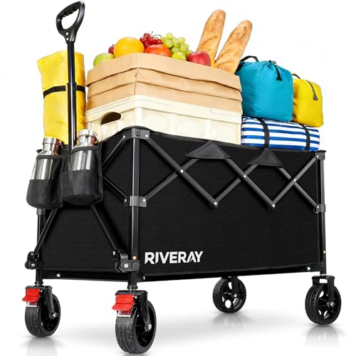 RIVERAY Bollerwagen Faltbar mit Bremsen, 300L 230KG Faltbarer Bollerwagen Großen All Terrain Rädern, Abnehmbare Stofftasche, Verstellbarer Griff Klappbar Handwagen für Strand Camping Garten Festival