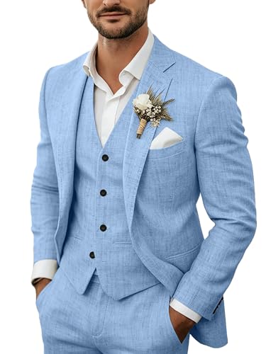 3-teiliges Herren-Anzug-Set aus Leinen, lässig, leicht, Blazer, Jacken, Westen, Hosen, Set für Hochzeit, Business, Abschlussball, Anzug, Hell, blau, XX-Large