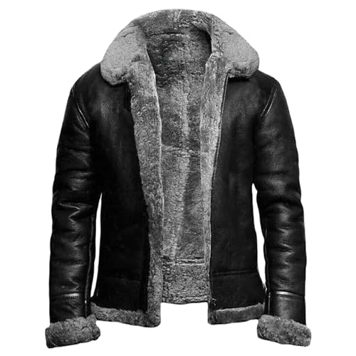Generisch Lederjacke Mit Fellkragen Herren, Fleecejacke Pu Leder Wasserdicht Winterjacke Große Größen Warme Übergangsjacke Classic Vintage Bomberjacke Reißverschluss Revers Arbeitsjacke Für Outdoor