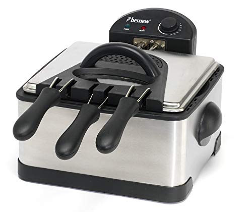Bestron XL Öl-Fritteuse mit 3 Frittierkörben, inkl. Kaltzonentechnologie & herausnehmbaren Ölbehälter, 4 Liter, spülmaschinengeeignet, 2000 W, Edelstahl, Farbe: silber