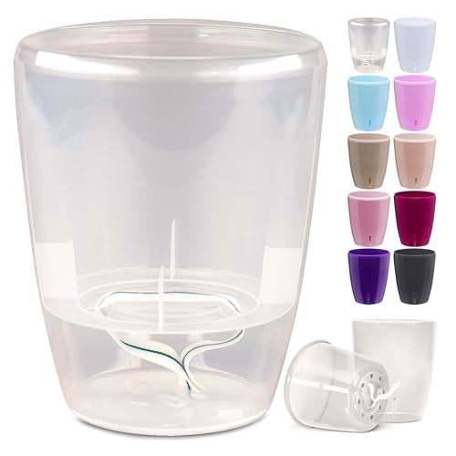 Happy Plants Orchideentopf D 12,5 cm Blumenkübel mit integriertem Wasserstandsanzeiger, selbstbewässernder Blumentopf mit Docht, Selbstbewässerungssystem für Orchideen - Transparent 1,3 Liter