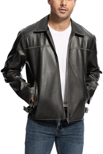 Fahsyee Kunstlederjacke Herren Leichte Bomberjacken Herren Motorrad Vintage Reversmäntel mit Reißverschluss und Taschen Größe M, Schwarz