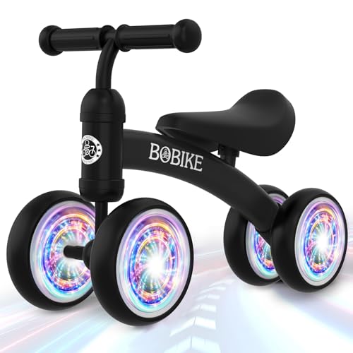 Kinder Laufrad ab 1 Jahr, Kinderspielzeug mit Vier beleuchteten Rädern, Spielzeug Geschenke für 12-24 Monate, Baby Lauflernrad mit Korb für Jungen Mädchen, Schwarz